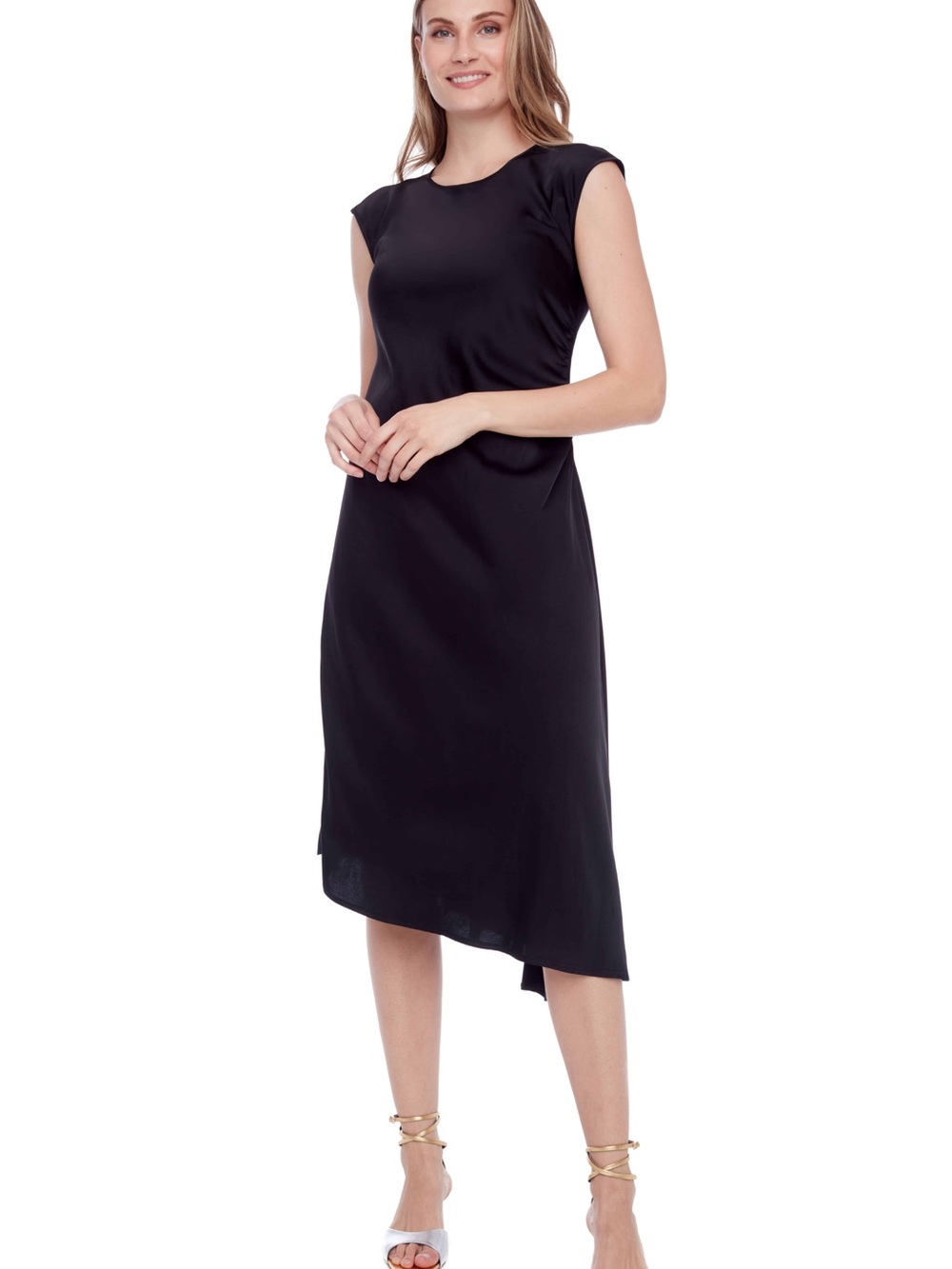 I Love Tyler Madison ~ Classic Black Cap-Sleeve Asymmetric Midi Dress